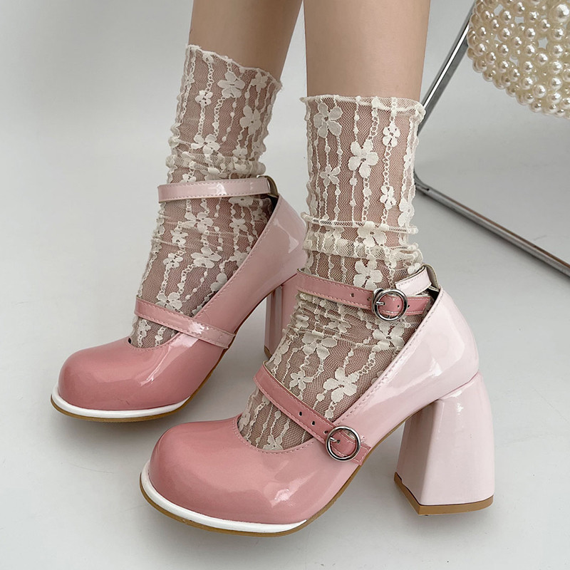 Pompe cu toc înalt din piele lăcuită de damă cu vârf rotund, cu toc gros, pantofi Mary Jane pentru femei 2023 pantofi eleganti cu curea la gleznă în culori mixte