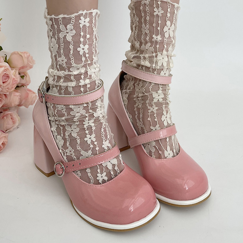 Pompe cu toc înalt din piele lăcuită de damă cu vârf rotund, cu toc gros, pantofi Mary Jane pentru femei 2023 pantofi eleganti cu curea la gleznă în culori mixte