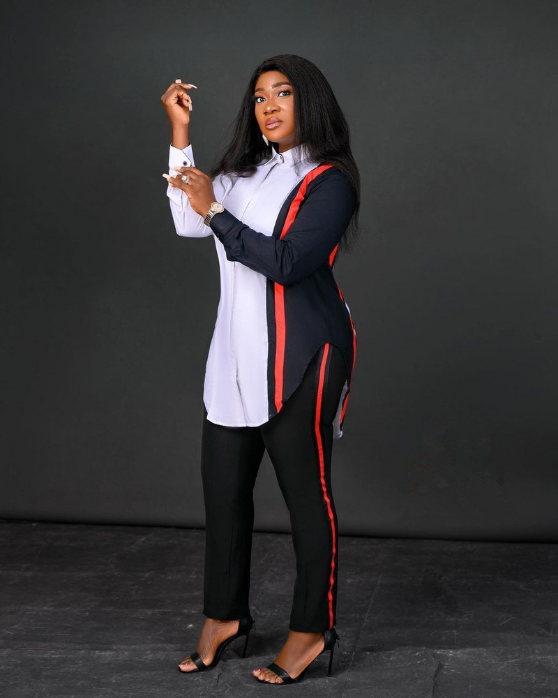 Dámsky dvojdielny set s dlhým rukávom a pruhovanou potlačou, blúzkou a nohavicovým kostýmom na jar a jeseň, 2-dielny set, módny outfit