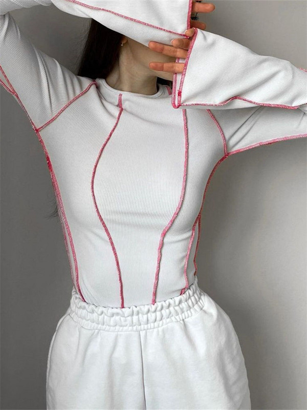 Дамски пачуърк тениски Шик ежедневни дълъг клош ръкав с кръгло деколте Плетени рипсени тениски Ризи Пролет Есен Street Top