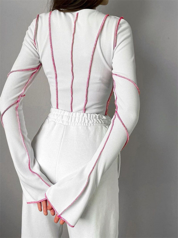 Дамски пачуърк тениски Шик ежедневни дълъг клош ръкав с кръгло деколте Плетени рипсени тениски Ризи Пролет Есен Street Top