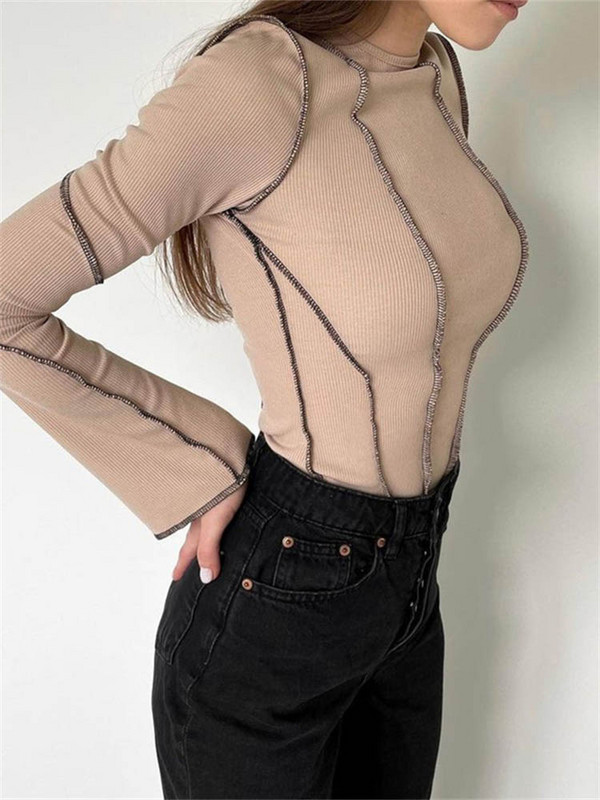 Дамски пачуърк тениски Шик ежедневни дълъг клош ръкав с кръгло деколте Плетени рипсени тениски Ризи Пролет Есен Street Top