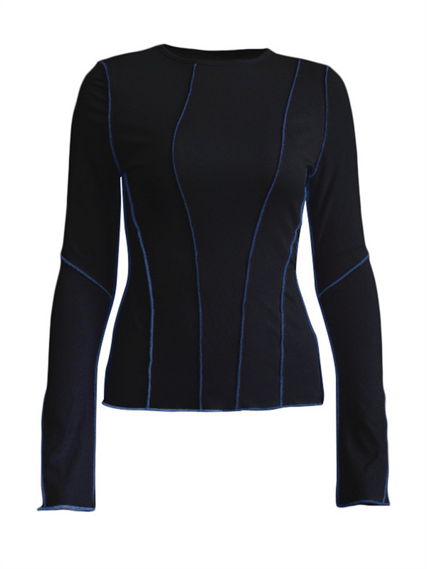 Дамски пачуърк тениски Шик ежедневни дълъг клош ръкав с кръгло деколте Плетени рипсени тениски Ризи Пролет Есен Street Top