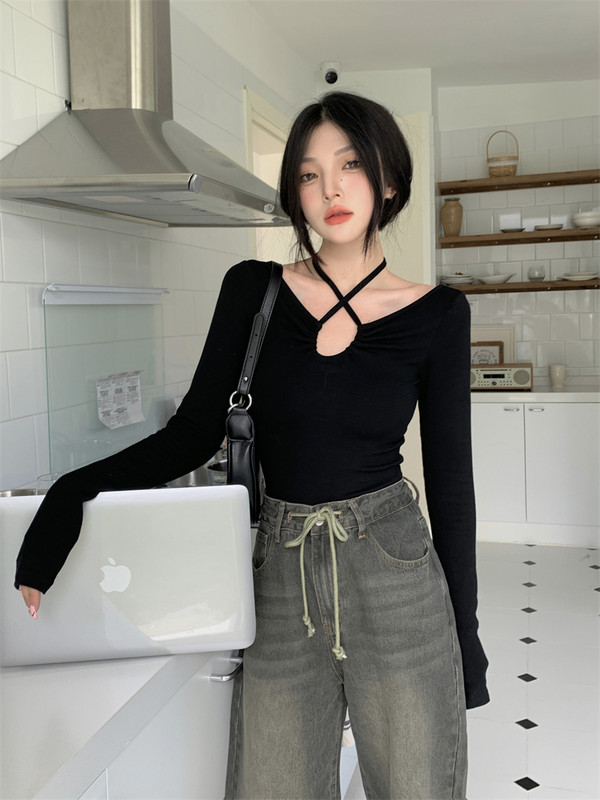 Jesenné kórejské módne tričko Y2K s dlhým rukávom, dámske japonské tričko s obväzom a výstrihom do V, sexy úzke tričko s dlhým rukávom