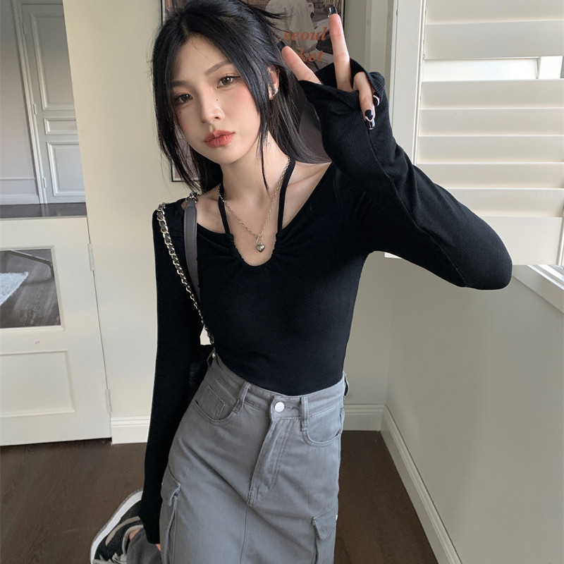 Jesenné kórejské módne tričko Y2K s dlhým rukávom, dámske japonské tričko s obväzom a výstrihom do V, sexy úzke tričko s dlhým rukávom