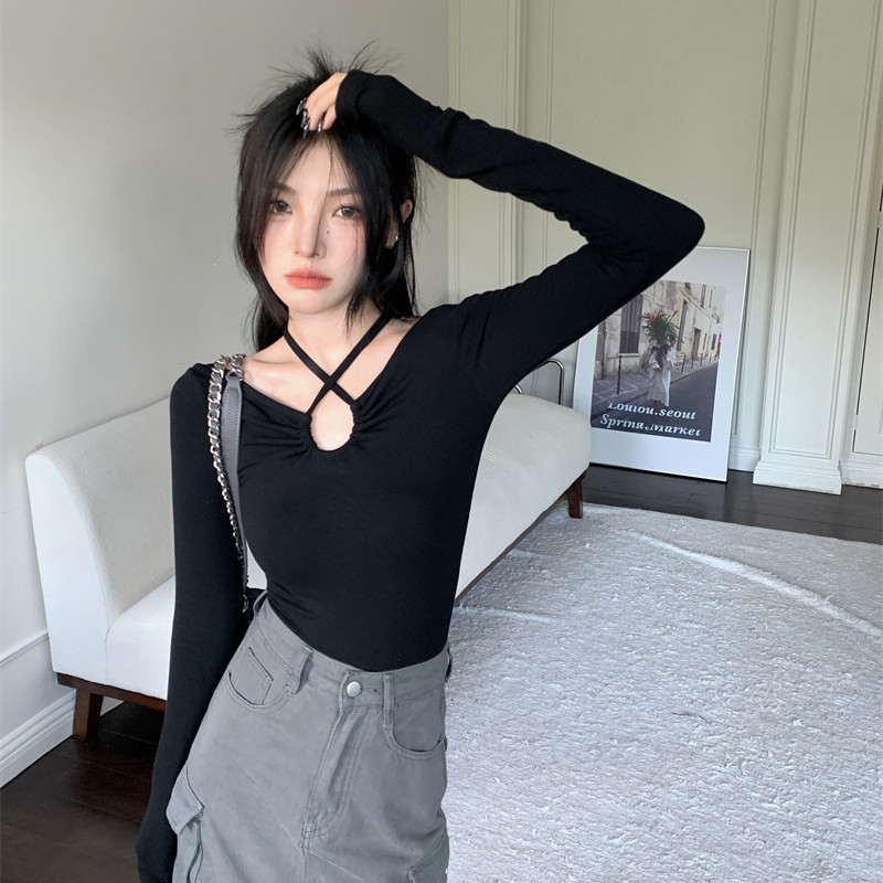 Jesenné kórejské módne tričko Y2K s dlhým rukávom, dámske japonské tričko s obväzom a výstrihom do V, sexy úzke tričko s dlhým rukávom