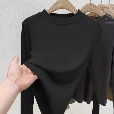 Cămașă cu mânecă lungă cu decolteu O femeie Topuri cu nervuri 2023, primăvară toamnă, negru, ocazional, subțire, tricouri de bază pentru femei, elasticitate
