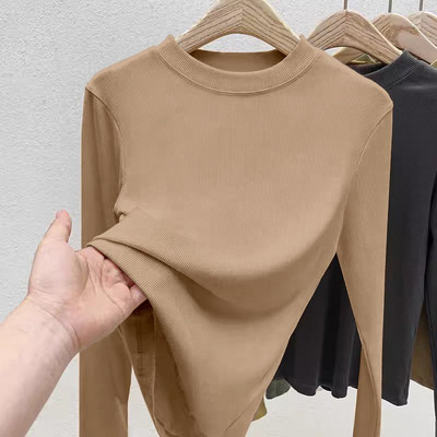 Cămașă cu mânecă lungă cu decolteu O femeie Topuri cu nervuri 2023, primăvară toamnă, negru, ocazional, subțire, tricouri de bază pentru femei, elasticitate