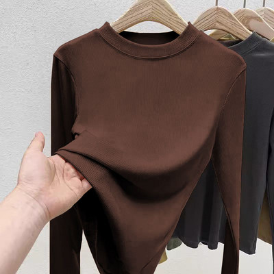 Cămașă cu mânecă lungă cu decolteu O femeie Topuri cu nervuri 2023, primăvară toamnă, negru, ocazional, subțire, tricouri de bază pentru femei, elasticitate