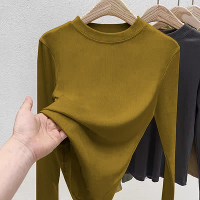 Cămașă cu mânecă lungă cu decolteu O femeie Topuri cu nervuri 2023, primăvară toamnă, negru, ocazional, subțire, tricouri de bază pentru femei, elasticitate