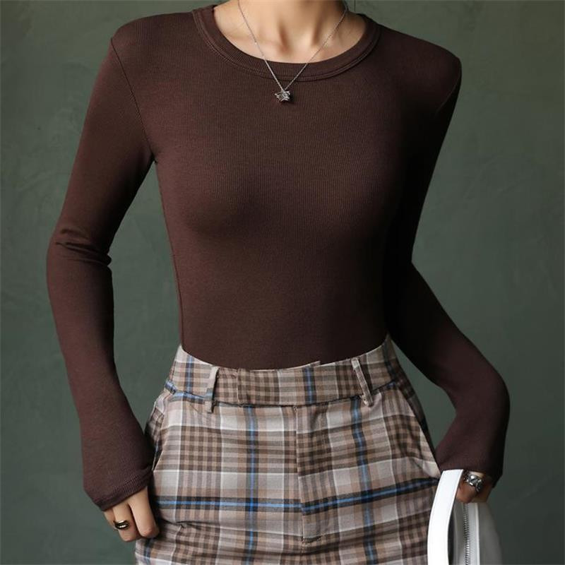 Cămașă cu mânecă lungă cu decolteu O femeie Topuri cu nervuri 2023, primăvară toamnă, negru, ocazional, subțire, tricouri de bază pentru femei, elasticitate