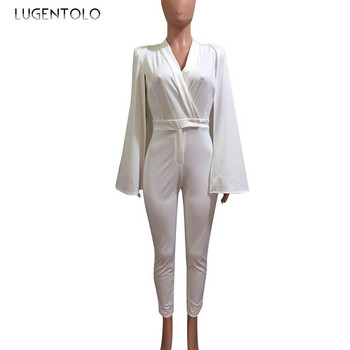 Γυναικεία ολόσωμη φόρμα άνοιξη φθινόπωρο μόδα Σέξι σάλι λεπτή εφαρμογή Λευκό μασίφ Κομψό ψηλόμεσο κοκαλιάρικο φόρμες Lugentolo