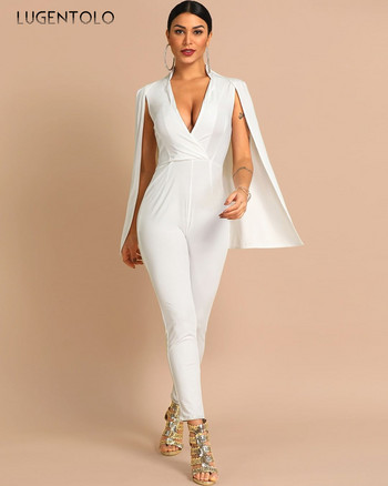 Γυναικεία ολόσωμη φόρμα άνοιξη φθινόπωρο μόδα Σέξι σάλι λεπτή εφαρμογή Λευκό μασίφ Κομψό ψηλόμεσο κοκαλιάρικο φόρμες Lugentolo
