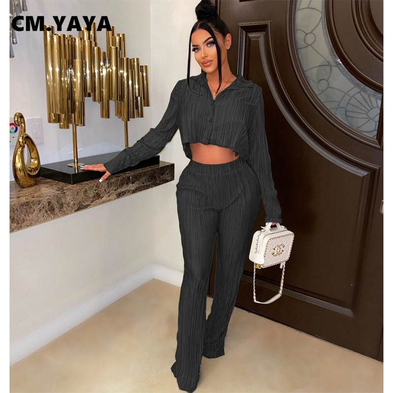 Dámsky set CM.YAYA Street Pleated s dlhým rukávom, mini blúzkou, košeľou a rovnými nohavicami, oblekom 2023, dvoma dvojdielnymi outfitmi, teplákovou súpravou