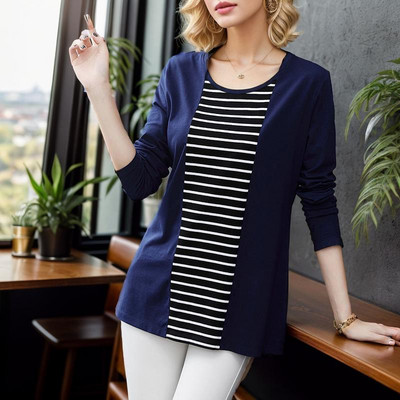 Jesenné jarné tričko s dlhým rukávom z polyesteru s výstrihom do O-neck a módnym európskym štýlom s pruhmi 2023