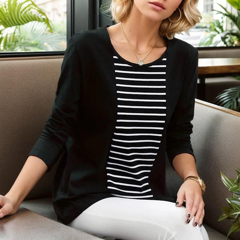 Jesenné jarné tričko s dlhým rukávom z polyesteru s výstrihom do O-neck a módnym európskym štýlom s pruhmi 2023