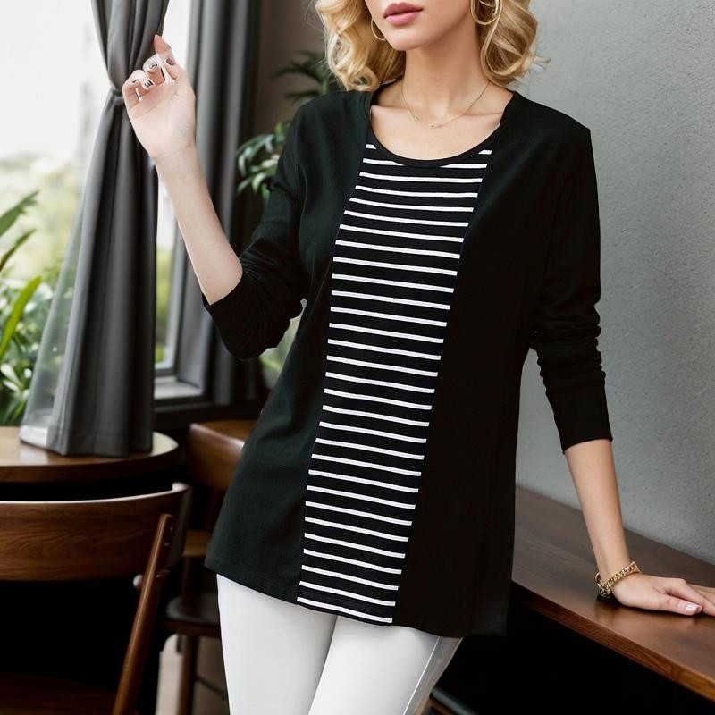 Jesenné jarné tričko s dlhým rukávom z polyesteru s výstrihom do O-neck a módnym európskym štýlom s pruhmi 2023