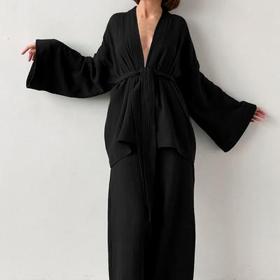 Dámske pyžamové súpravy, 100% bavlnené, mäkké, s dlhým rukávom, na spanie, s opaskom a nohavicami, 2 kusy, oblek, pyžamo, kimono, zodpovedajúce súpravy