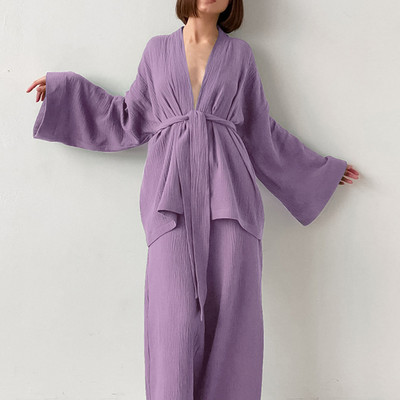 Dámske pyžamové súpravy, 100% bavlnené, mäkké, s dlhým rukávom, na spanie, s opaskom a nohavicami, 2 kusy, oblek, pyžamo, kimono, zodpovedajúce súpravy