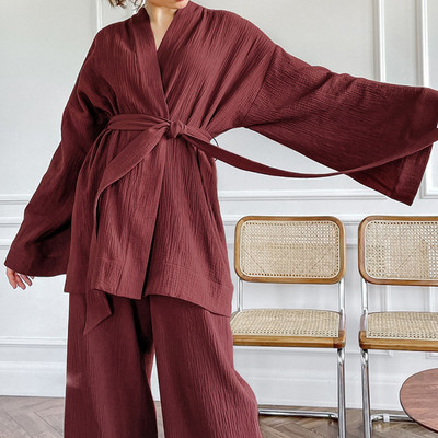 Dámske pyžamové súpravy, 100% bavlnené, mäkké, s dlhým rukávom, na spanie, s opaskom a nohavicami, 2 kusy, oblek, pyžamo, kimono, zodpovedajúce súpravy