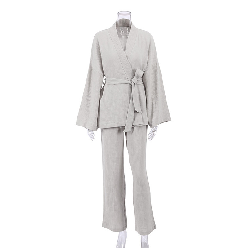 Dámske pyžamové súpravy, 100% bavlnené, mäkké, s dlhým rukávom, na spanie, s opaskom a nohavicami, 2 kusy, oblek, pyžamo, kimono, zodpovedajúce súpravy