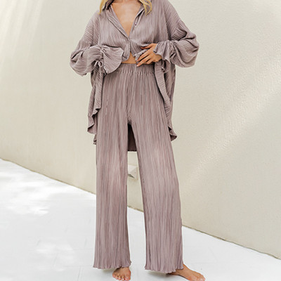 Dámske elegantné nohavice s dlhým rukávom a vysokým pásom, skladané, s voľnou košeľou a nohavicami, dvojdielna súprava