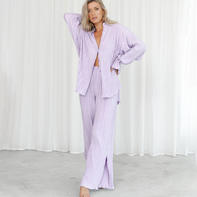 Dámske elegantné nohavice s dlhým rukávom a vysokým pásom, skladané, s voľnou košeľou a nohavicami, dvojdielna súprava