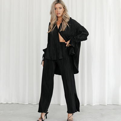 Dámske elegantné nohavice s dlhým rukávom a vysokým pásom, skladané, s voľnou košeľou a nohavicami, dvojdielna súprava