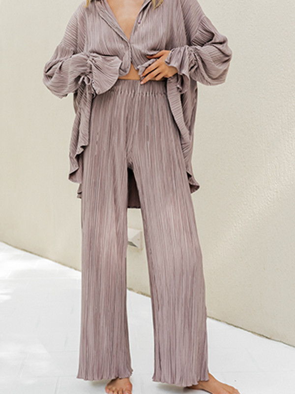Dámske elegantné nohavice s dlhým rukávom a vysokým pásom, skladané, s voľnou košeľou a nohavicami, dvojdielna súprava