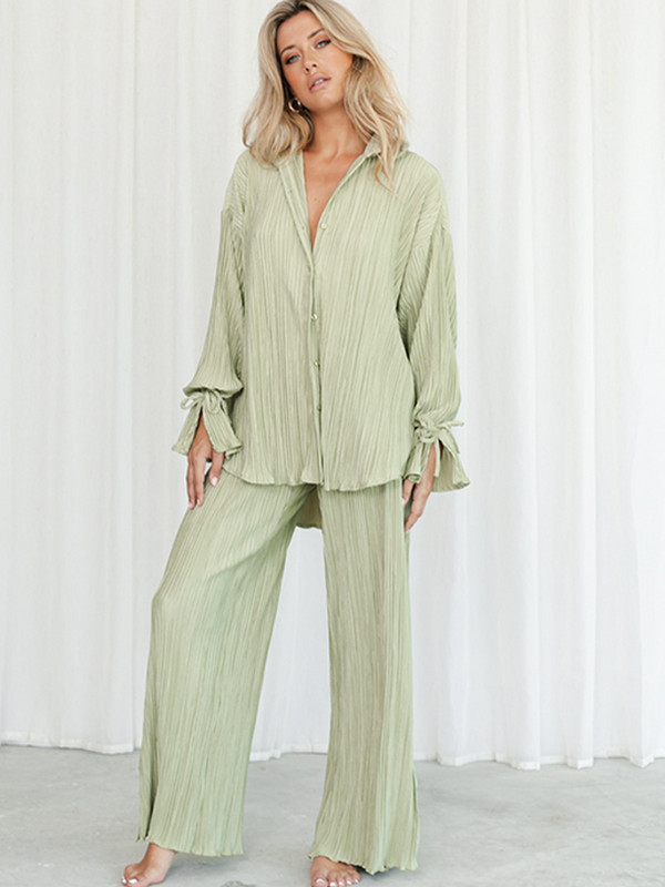 Dámske elegantné nohavice s dlhým rukávom a vysokým pásom, skladané, s voľnou košeľou a nohavicami, dvojdielna súprava