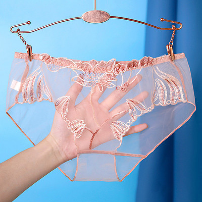 Chiloți transparenti din dantelă sexy Slip din plasă Broderie cu talie joasă Lenjerie șir pentru femei Ultra-subțire Lenjerie de corp fără cusături