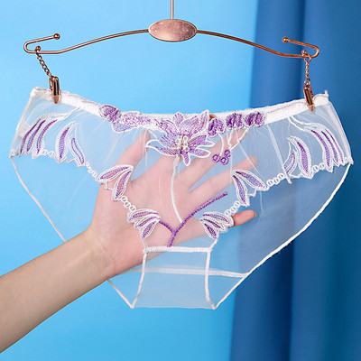 Chiloți transparenti din dantelă sexy Slip din plasă Broderie cu talie joasă Lenjerie șir pentru femei Ultra-subțire Lenjerie de corp fără cusături