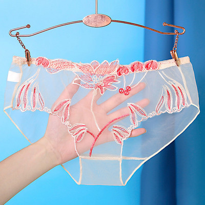 Chiloți transparenti din dantelă sexy Slip din plasă Broderie cu talie joasă Lenjerie șir pentru femei Ultra-subțire Lenjerie de corp fără cusături