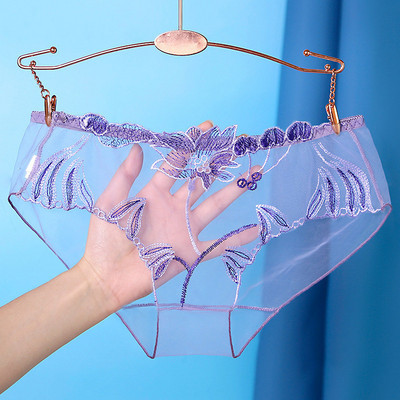 Chiloți transparenti din dantelă sexy Slip din plasă Broderie cu talie joasă Lenjerie șir pentru femei Ultra-subțire Lenjerie de corp fără cusături
