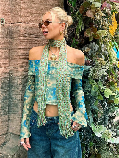 Tricouri grafice pentru femei haine estetice Slash gat Y2k Topuri cu mânecă lungă Ropa De Mujer Cămașă subțire feministă Tricouri cu imprimeu floral