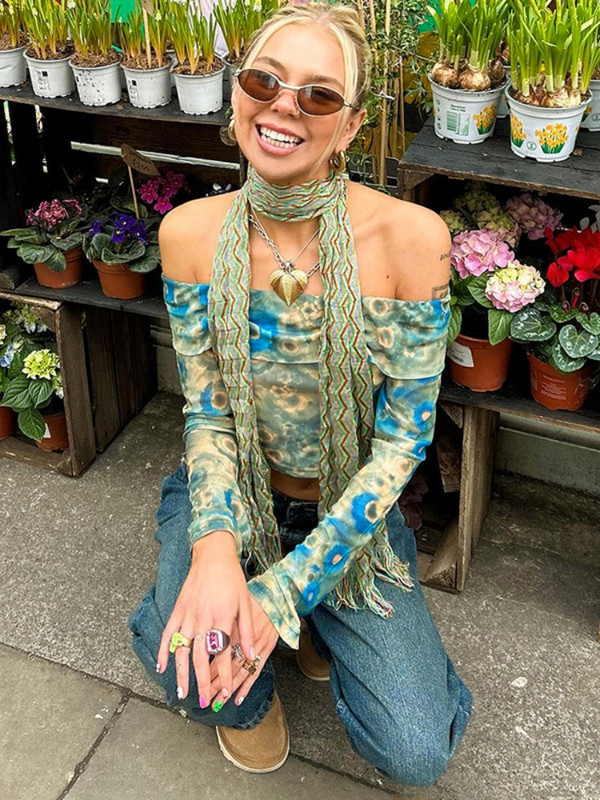 Tricouri grafice pentru femei haine estetice Slash gat Y2k Topuri cu mânecă lungă Ropa De Mujer Cămașă subțire feministă Tricouri cu imprimeu floral