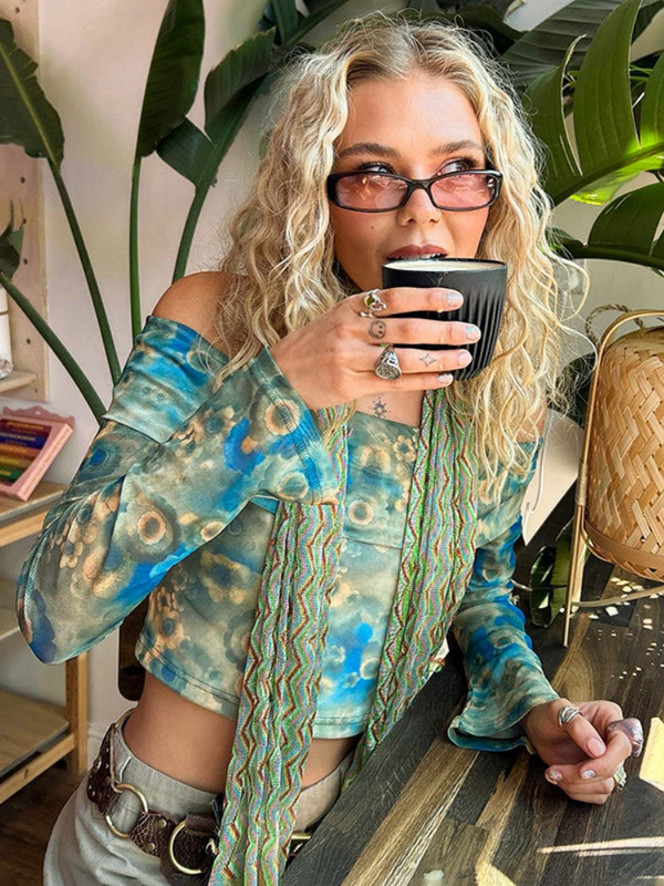 Tricouri grafice pentru femei haine estetice Slash gat Y2k Topuri cu mânecă lungă Ropa De Mujer Cămașă subțire feministă Tricouri cu imprimeu floral