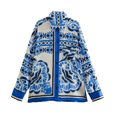 Cămăși pentru femei Seturi de pantaloni 2023 Noua vară cu imprimeu geometric Cămăși cu mâneci lungi la modă, talie elastică, pantaloni lați, ținute