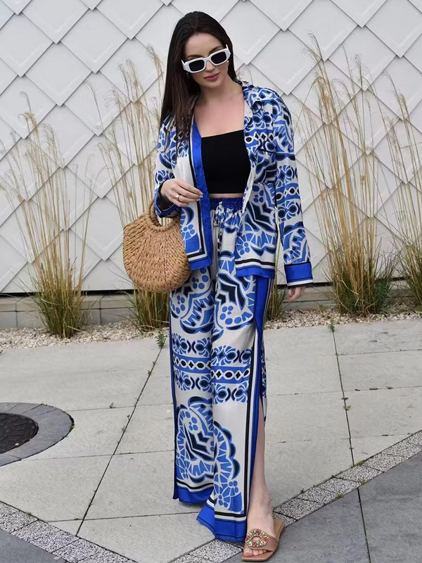 Cămăși pentru femei Seturi de pantaloni 2023 Noua vară cu imprimeu geometric Cămăși cu mâneci lungi la modă, talie elastică, pantaloni lați, ținute