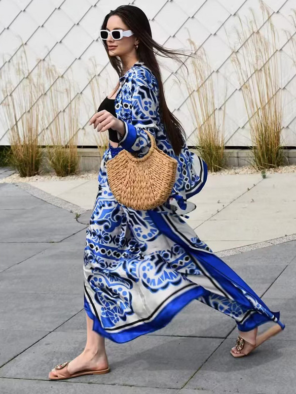 Cămăși pentru femei Seturi de pantaloni 2023 Noua vară cu imprimeu geometric Cămăși cu mâneci lungi la modă, talie elastică, pantaloni lați, ținute