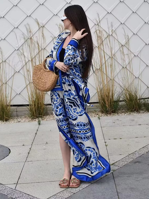 Cămăși pentru femei Seturi de pantaloni 2023 Noua vară cu imprimeu geometric Cămăși cu mâneci lungi la modă, talie elastică, pantaloni lați, ținute