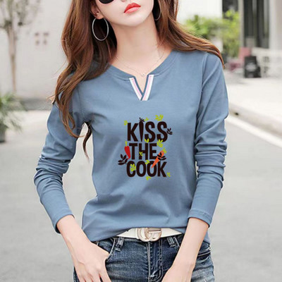 2023 Tricou nou cu decolteu în V 100% bumbac Cămașă cu mânecă lungă la modă de toamnă pentru femei Tricou liber în stil coreean Cămăși pentru femei #1184