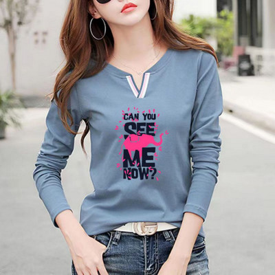 2023 Tricou nou cu decolteu în V 100% bumbac Cămașă cu mânecă lungă la modă de toamnă pentru femei Tricou liber în stil coreean Cămăși pentru femei #1184