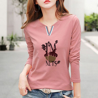 2023 Tricou nou cu decolteu în V 100% bumbac Cămașă cu mânecă lungă la modă de toamnă pentru femei Tricou liber în stil coreean Cămăși pentru femei #1184