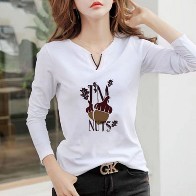 2023 Tricou nou cu decolteu în V 100% bumbac Cămașă cu mânecă lungă la modă de toamnă pentru femei Tricou liber în stil coreean Cămăși pentru femei #1184