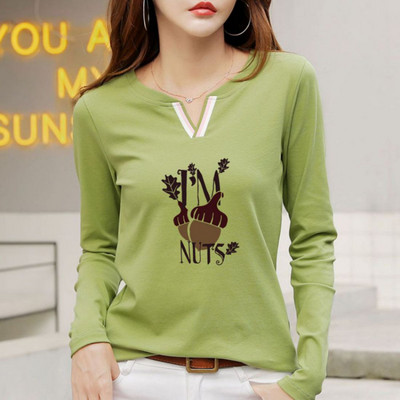 2023 Tricou nou cu decolteu în V 100% bumbac Cămașă cu mânecă lungă la modă de toamnă pentru femei Tricou liber în stil coreean Cămăși pentru femei #1184