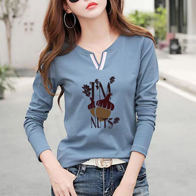 2023 Tricou nou cu decolteu în V 100% bumbac Cămașă cu mânecă lungă la modă de toamnă pentru femei Tricou liber în stil coreean Cămăși pentru femei #1184