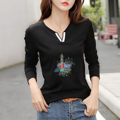 2023 Tricou nou cu decolteu în V 100% bumbac Cămașă cu mânecă lungă la modă de toamnă pentru femei Tricou liber în stil coreean Cămăși pentru femei #1184