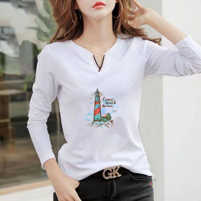 2023 Tricou nou cu decolteu în V 100% bumbac Cămașă cu mânecă lungă la modă de toamnă pentru femei Tricou liber în stil coreean Cămăși pentru femei #1184