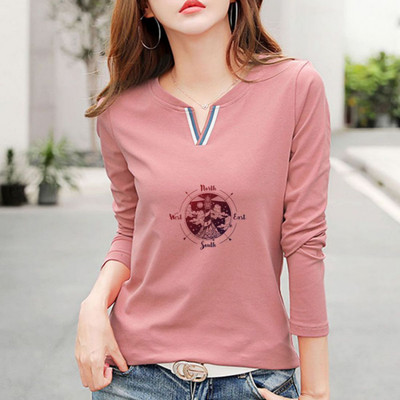 2023 Tricou nou cu decolteu în V 100% bumbac Cămașă cu mânecă lungă la modă de toamnă pentru femei Tricou liber în stil coreean Cămăși pentru femei #1184